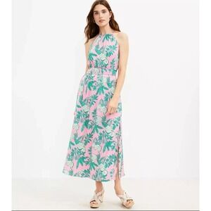 Loft‎ Womens Palm Halter Maxi Dress Tie Back Sleeveless Pink Green Size 14